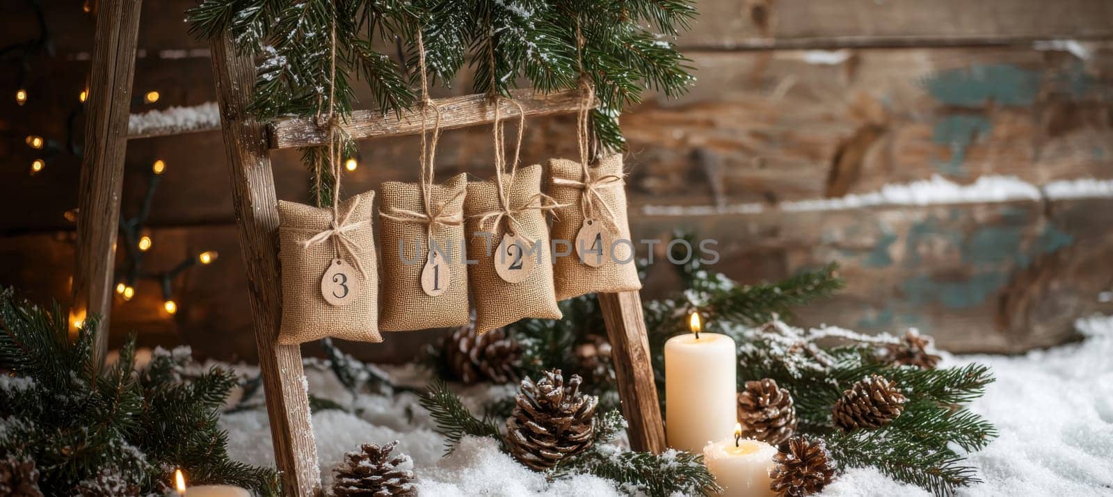Burlap pouches numbered 8, 7, 7, 2 hang on a wooden ladder as an advent calendar. pine branches, snow, and a lit candle create a cozy winter ambiance, perfect for holiday decoration inspiration with a touch of rustic charm.