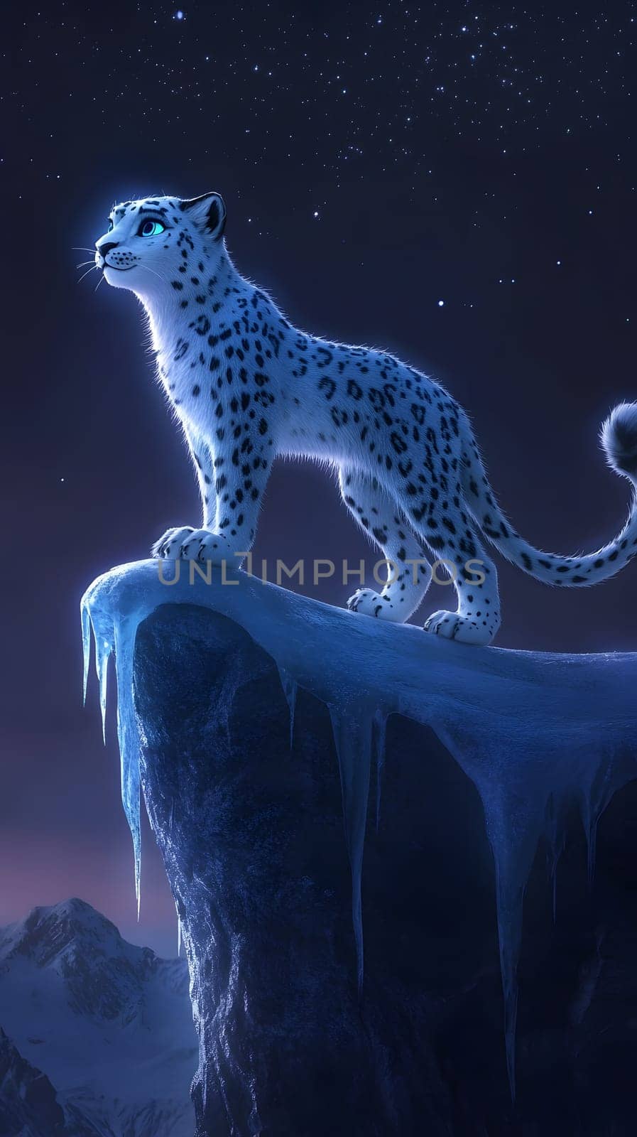 A majestic snow leopard stands on an icy cliff under a starry sky.