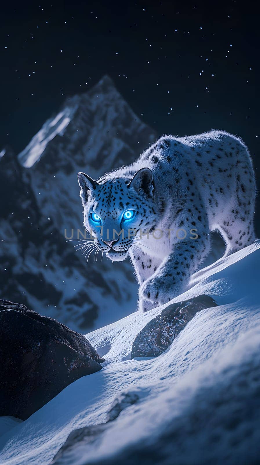 A mystical snow leopard with glowing blue eyes in a snowy landscape.