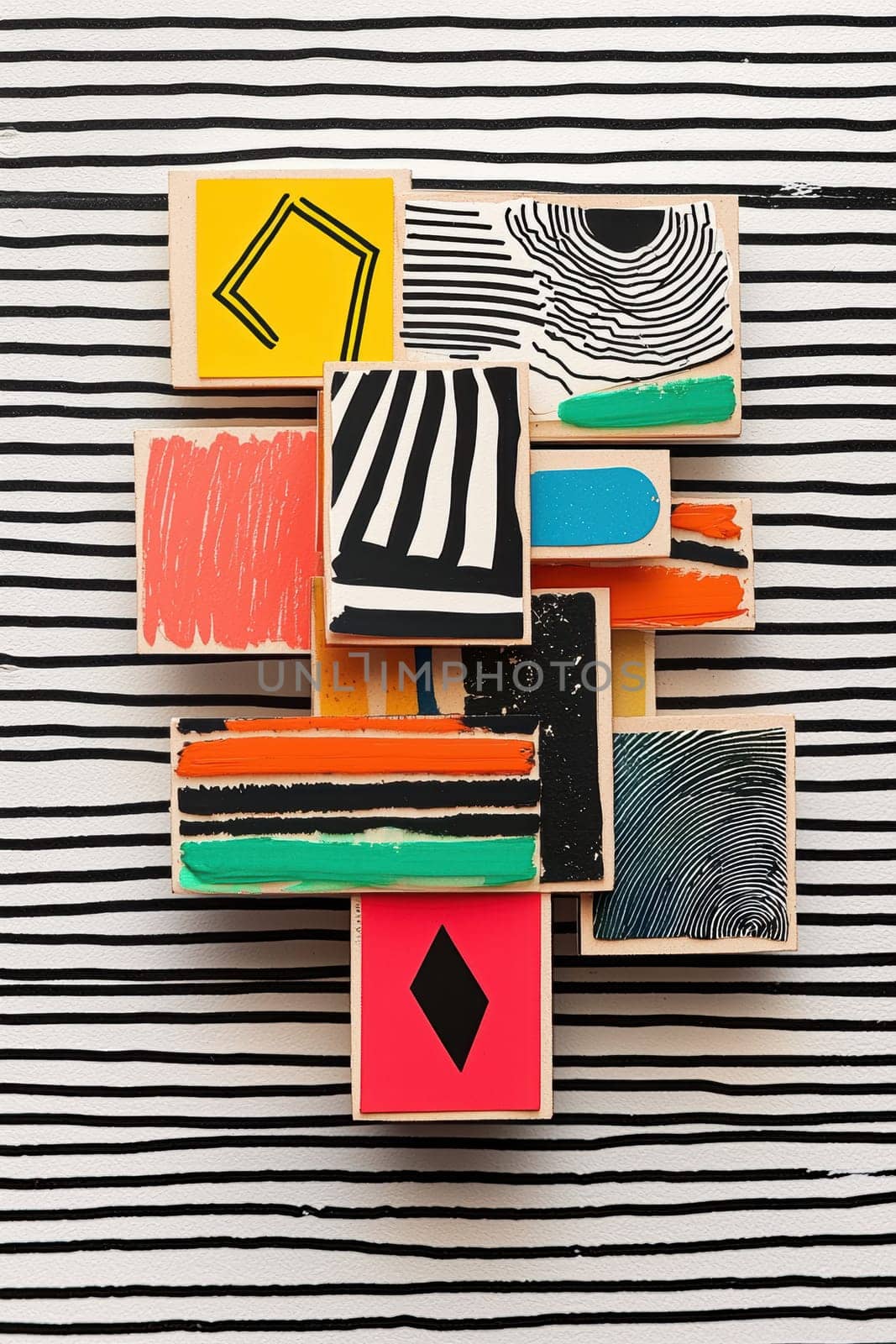 Bold, high-contrast stickers with geometric patterns and vibrant colors rest on a dynamic black and white striped background. perfect for artistic ventures, print designs, or modern decor, the composition exudes creativity and energy.