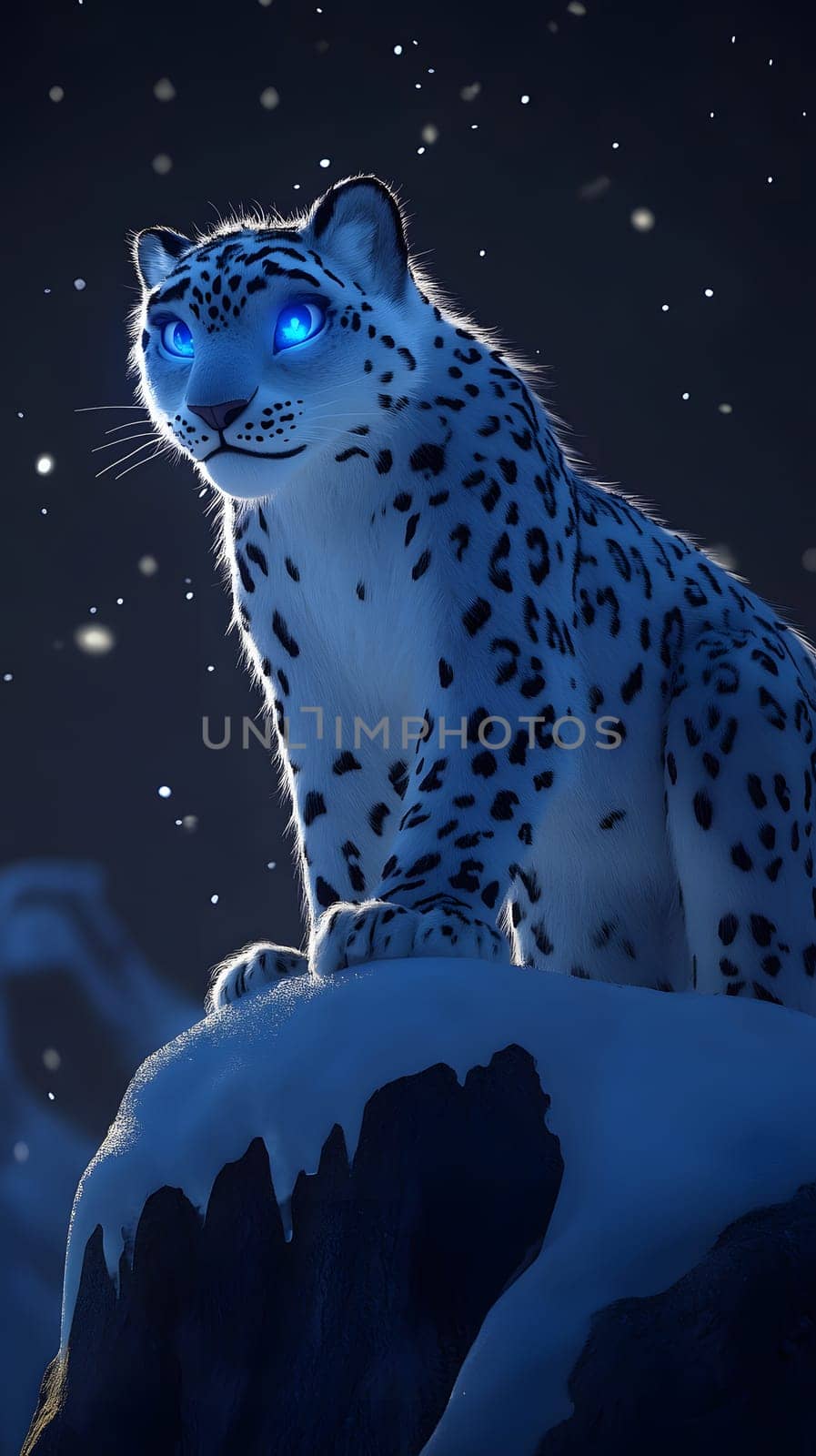 A mystical snow leopard with glowing blue eyes in a snowy landscape.