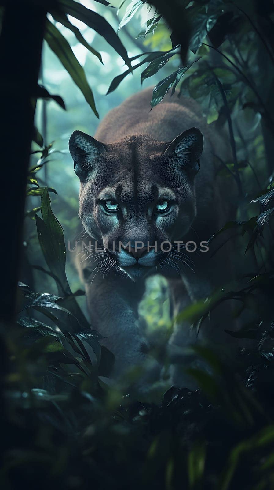 A powerful puma stealthily moves through a dense, misty forest.