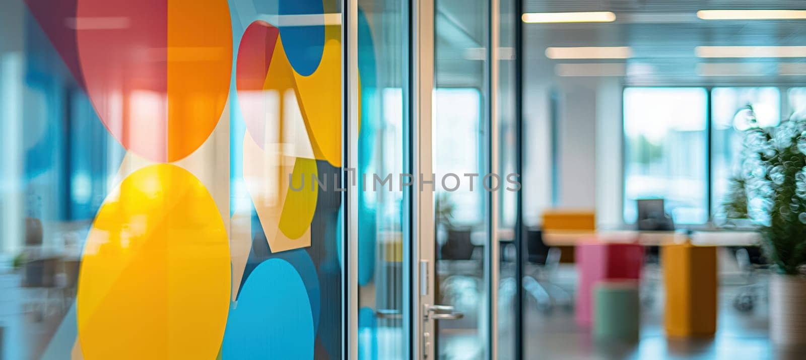 A close-up view of a vinyl sticker with a vibrant geometric pattern on an office glass partition. the blurred background features a contemporary workspace, emphasizing a sleek, professional environment suitable for design inspiration and decor.