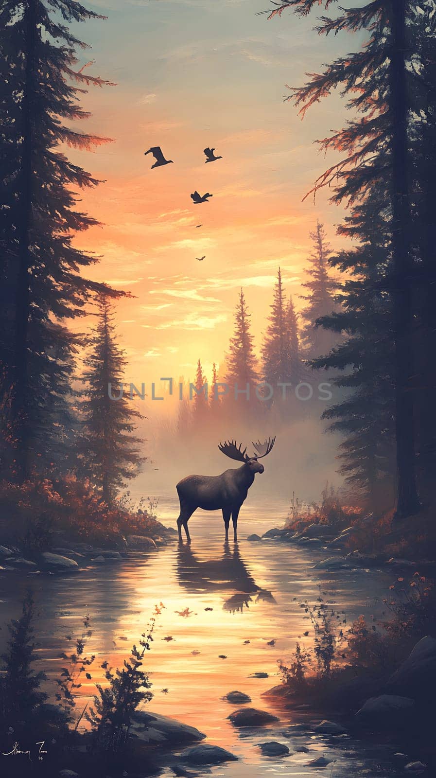 A serene moose standing in a reflective river at sunset.