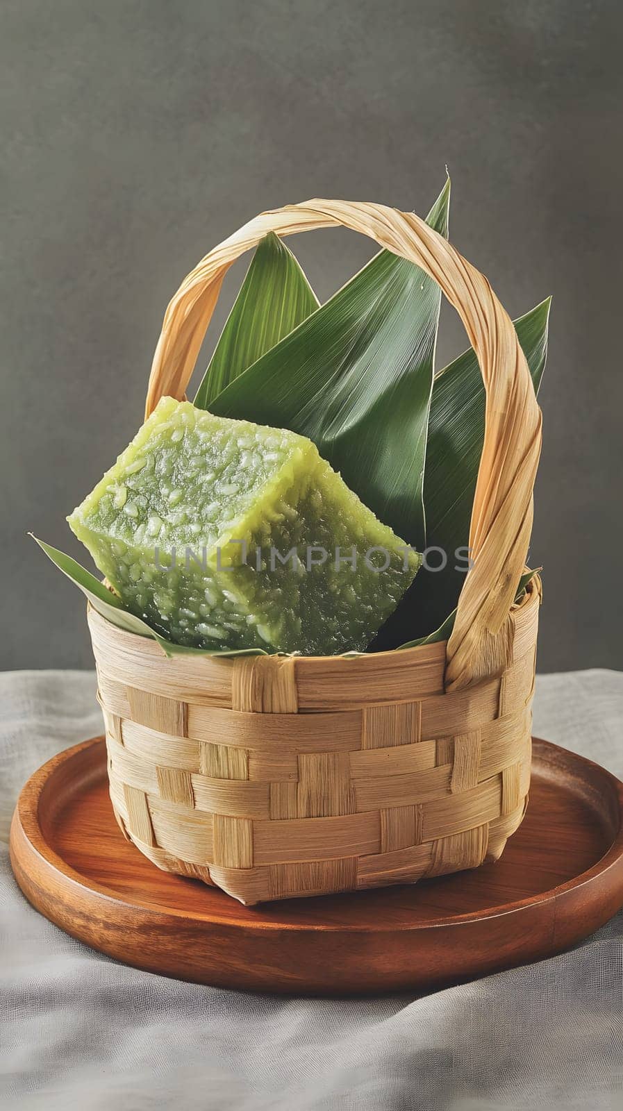 A small woven basket containing green dessert and leaves.