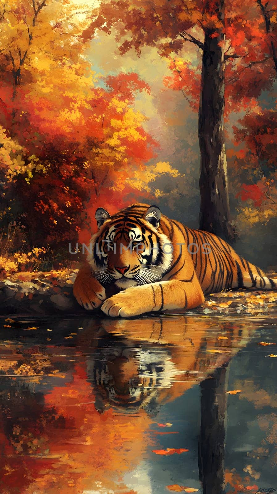 A tiger resting beside a tranquil pond in a vibrant autumn landscape.