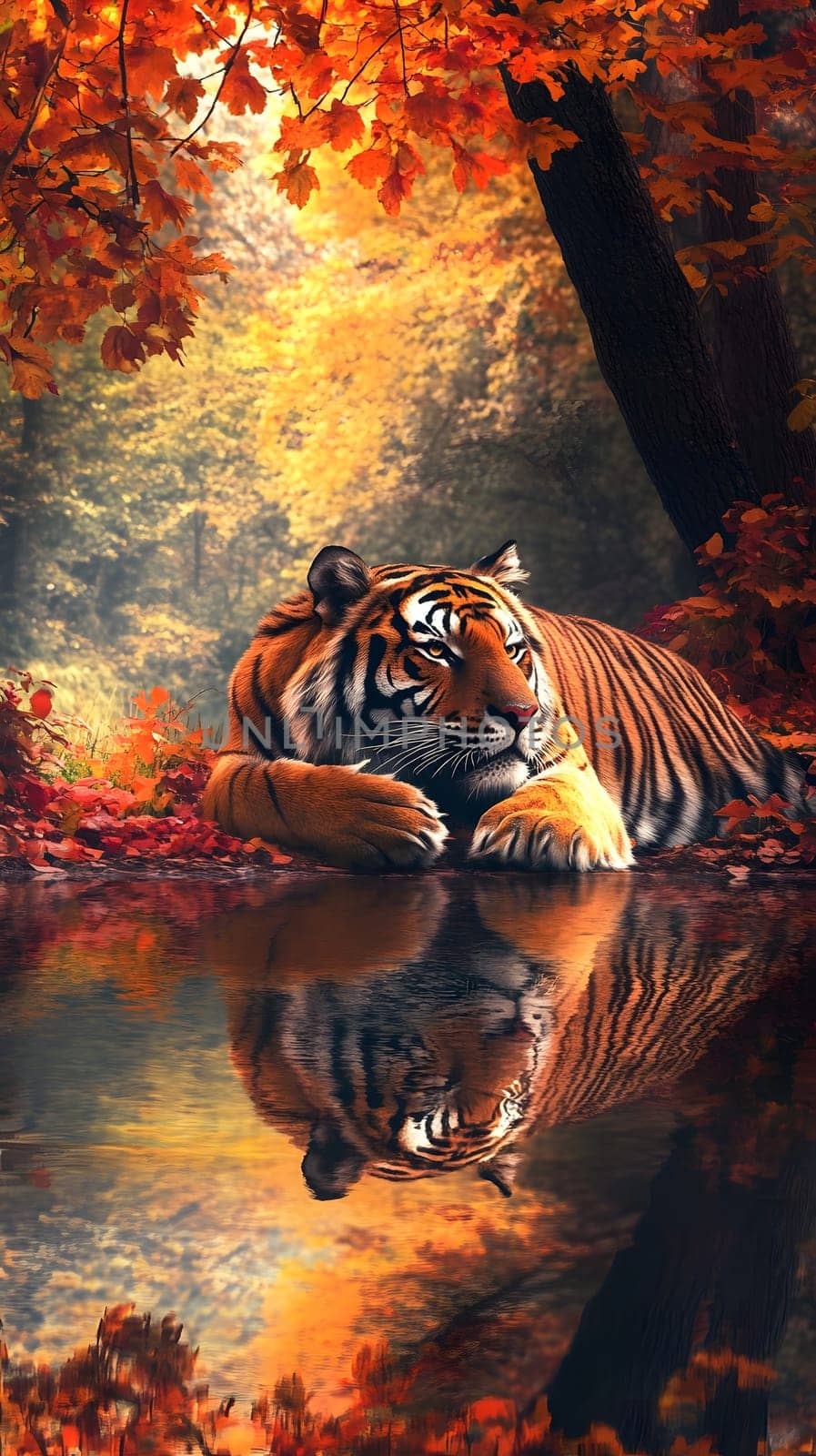 A tiger resting by a tranquil water body amidst autumn foliage.