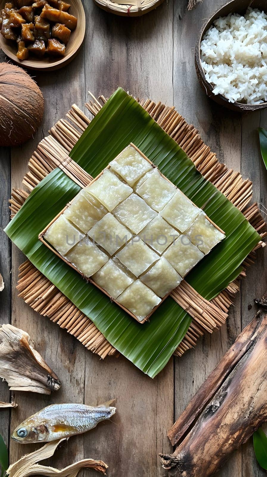 A traditional dish served on a banana leaf with various accompaniments.