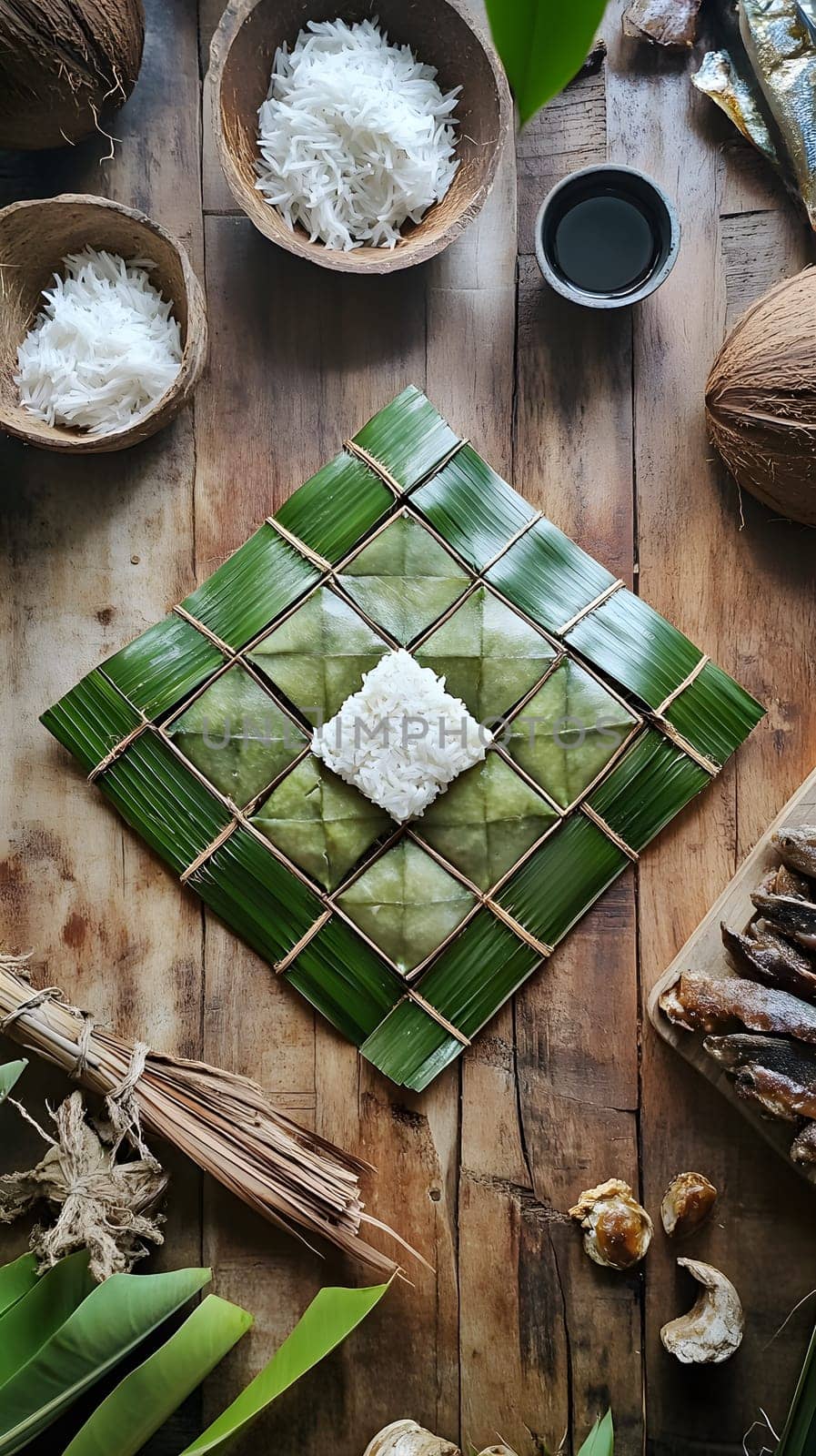A traditional food preparation scene with woven leaves and rice.