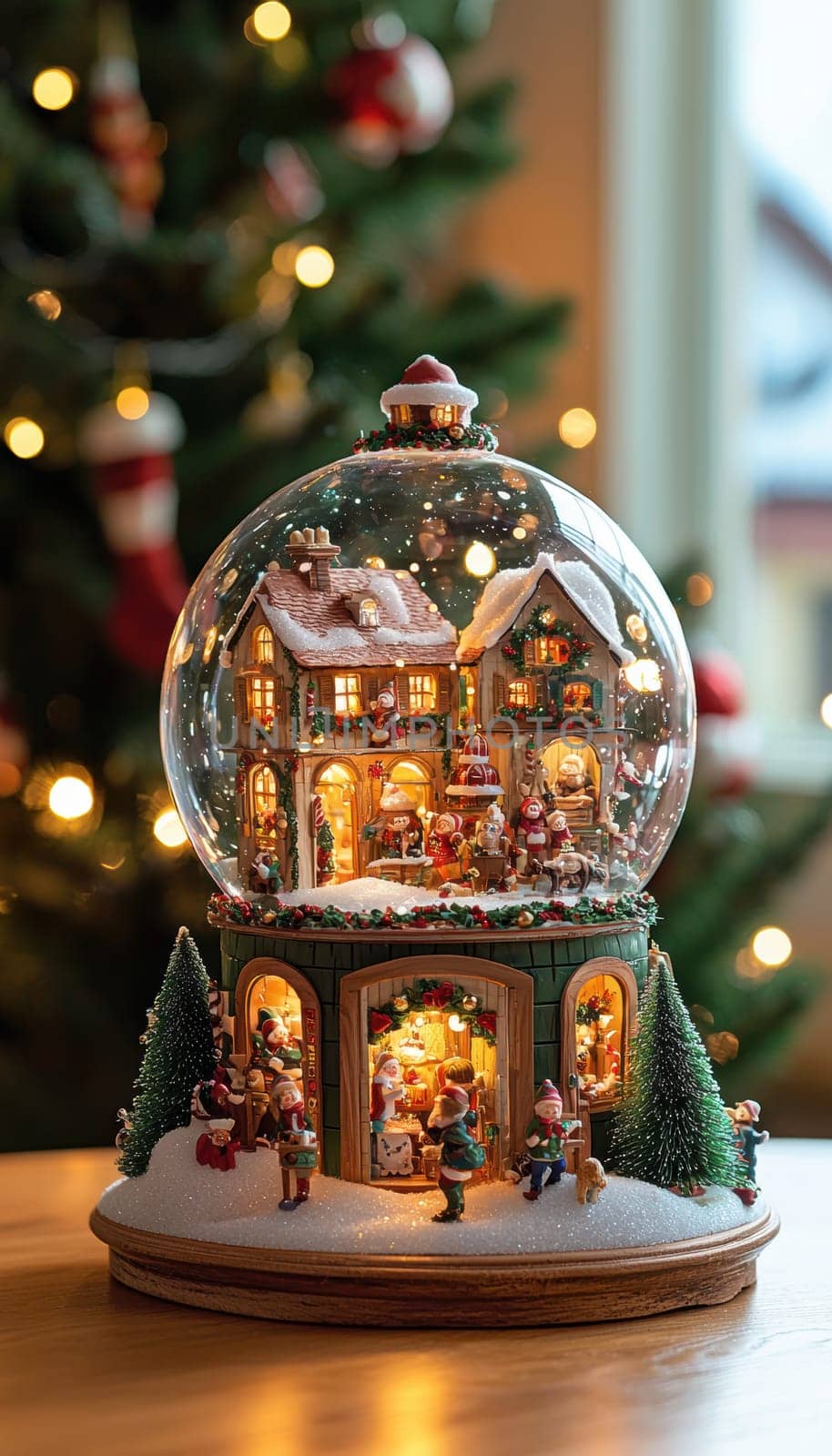 A snow globe-shaped advent calendar features miniature holiday figurines behind each door, set in a cozy living room with a glowing christmas tree in the background. warm, ambient lighting enhances the festive atmosphere.