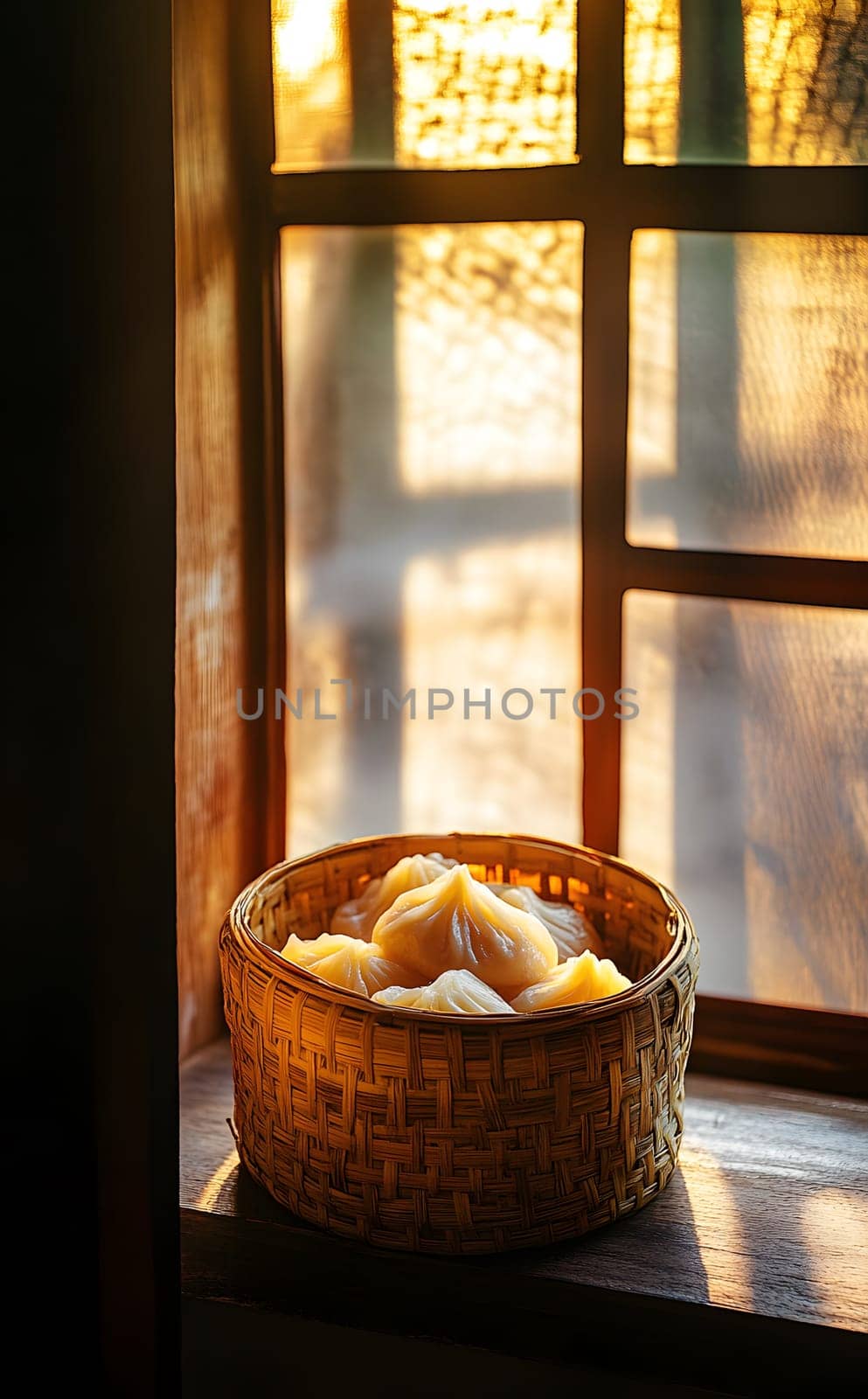 A woven basket filled with food sits on a windowsill, illuminated by light.
