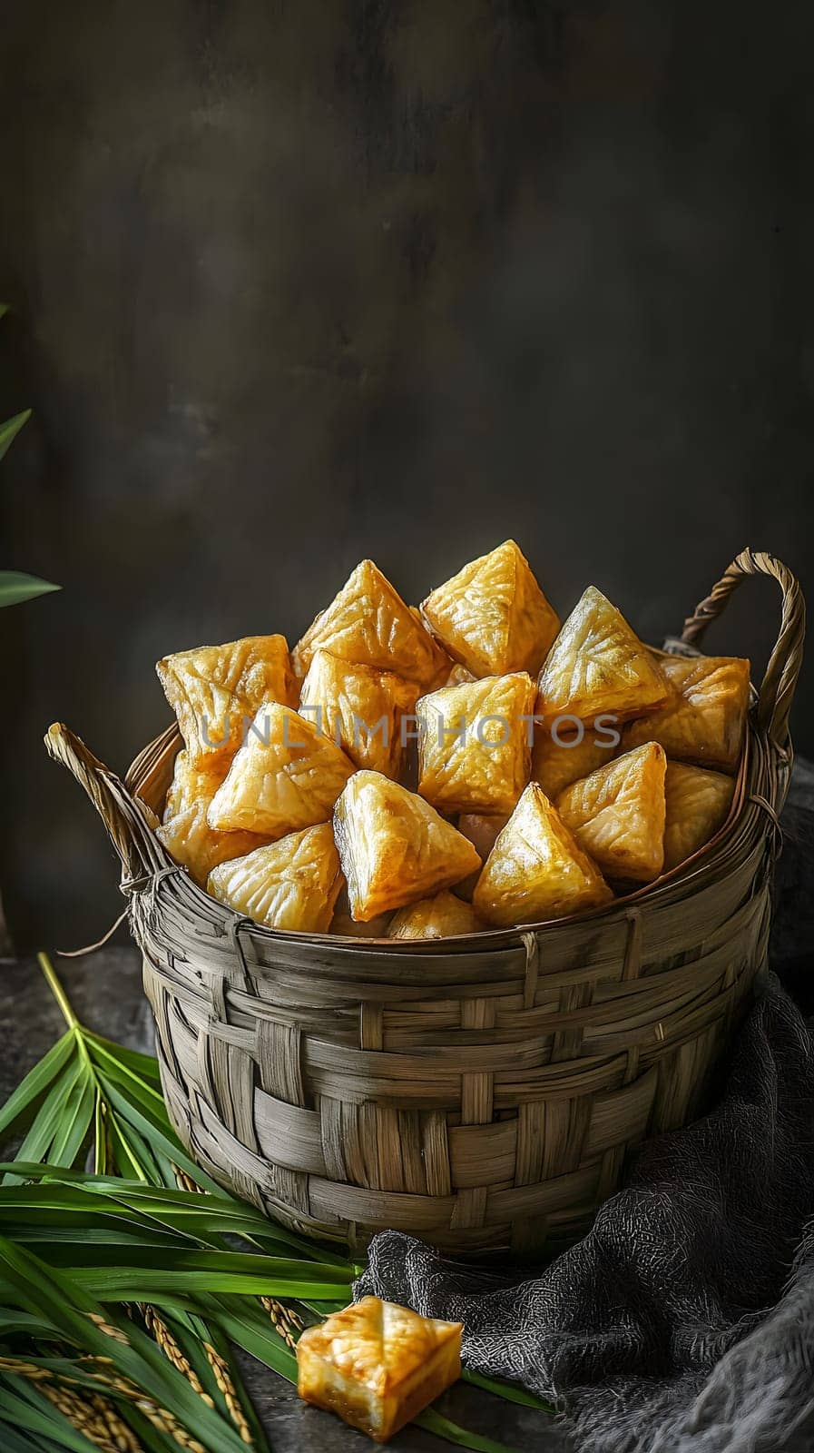 A woven basket filled with golden triangular pastries.