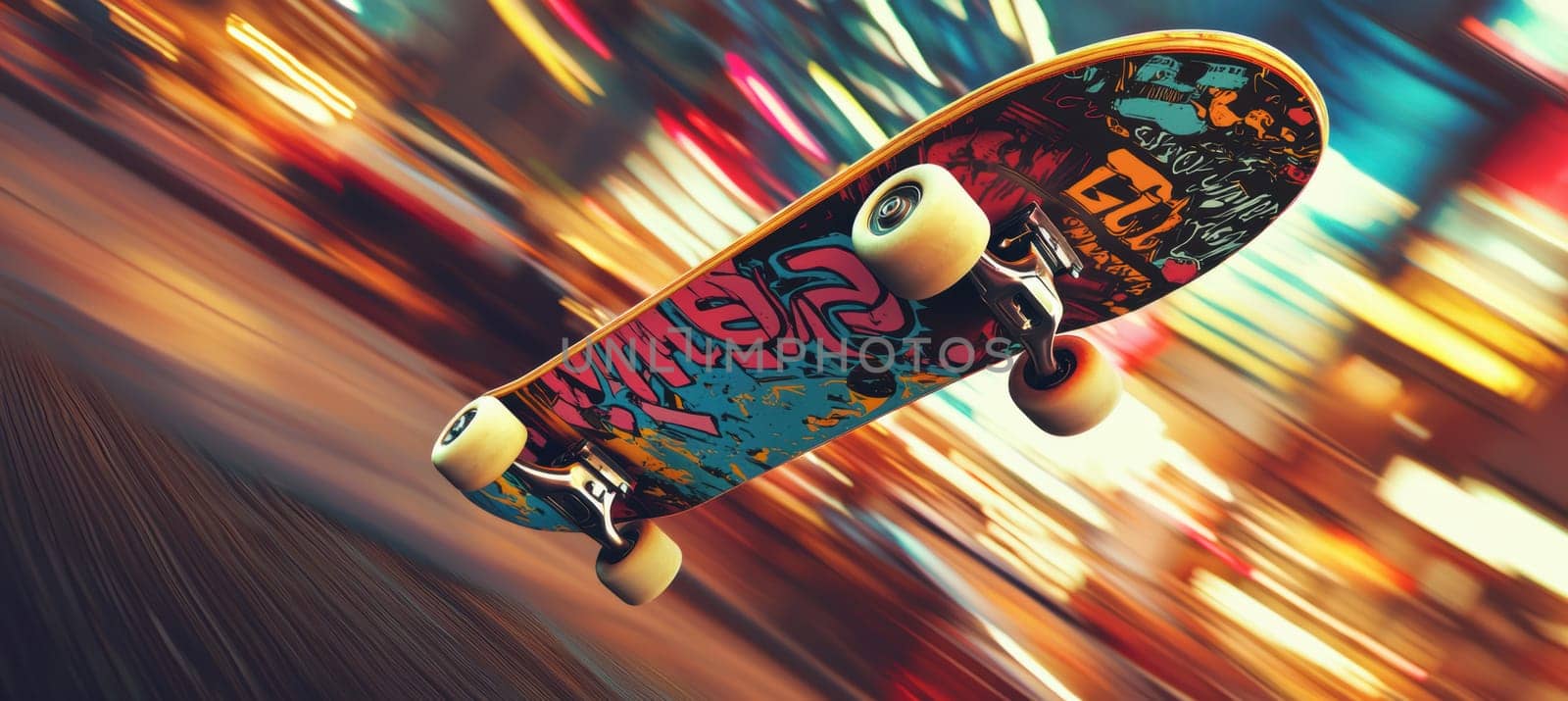 A skateboard deck featuring vibrant typography and bright colors, spotlighting a bold sticker mockup. the dynamic urban setting includes blurred motion in the background, emphasizing speed and energetic vibes in a bustling cityscape.