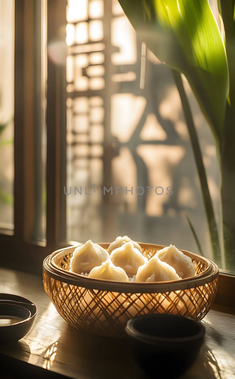 A woven basket holds dumplings, illuminated by soft sunlight.