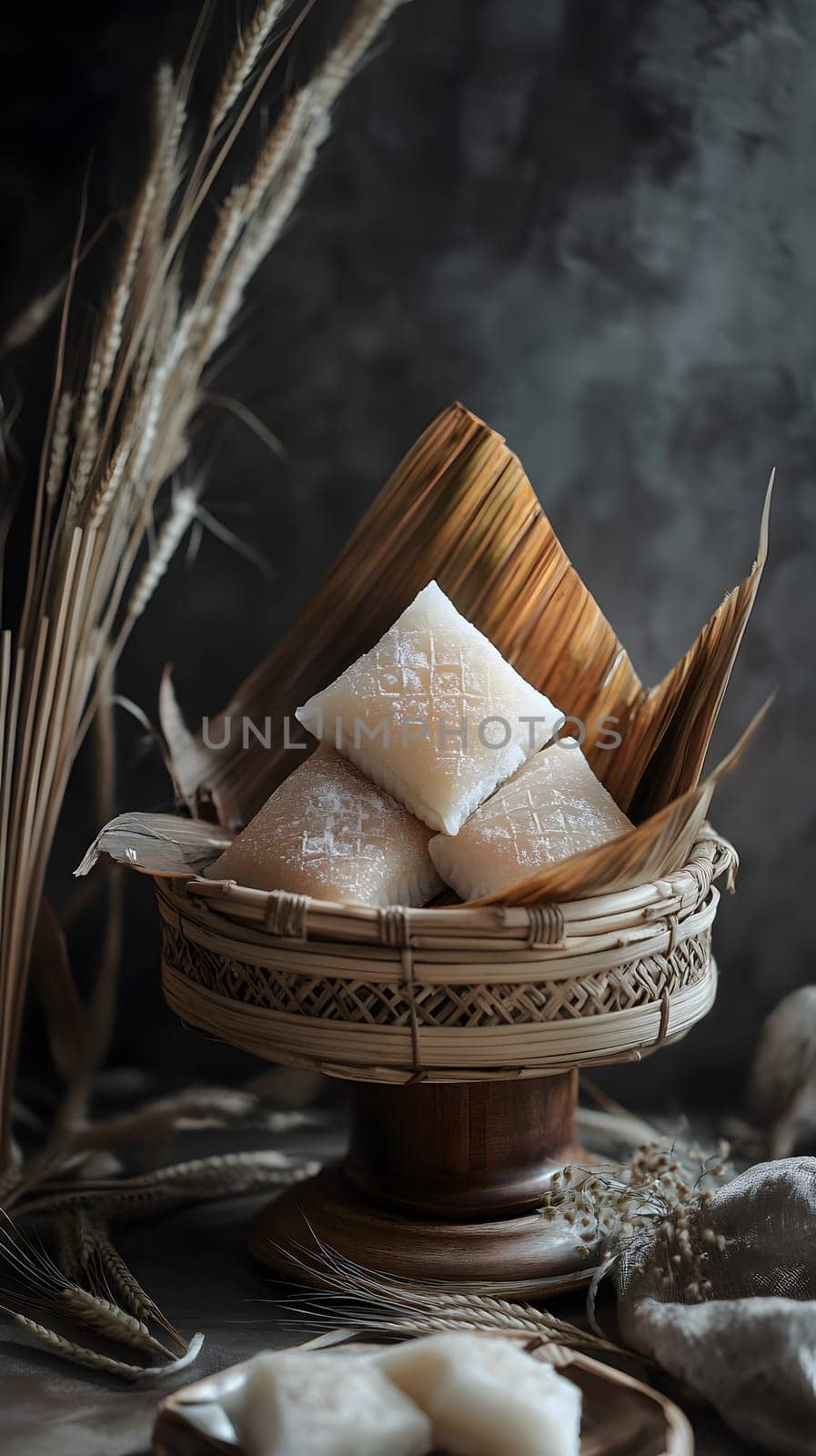 A woven basket holds traditional sweets wrapped in leaves.