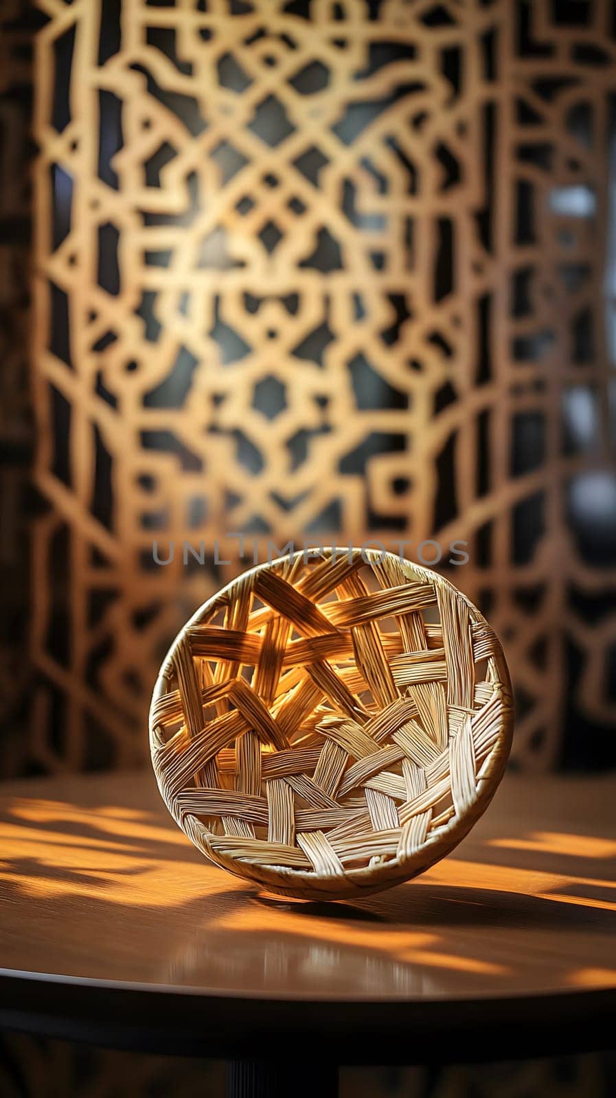 A woven basket sits elegantly against a decorative background.