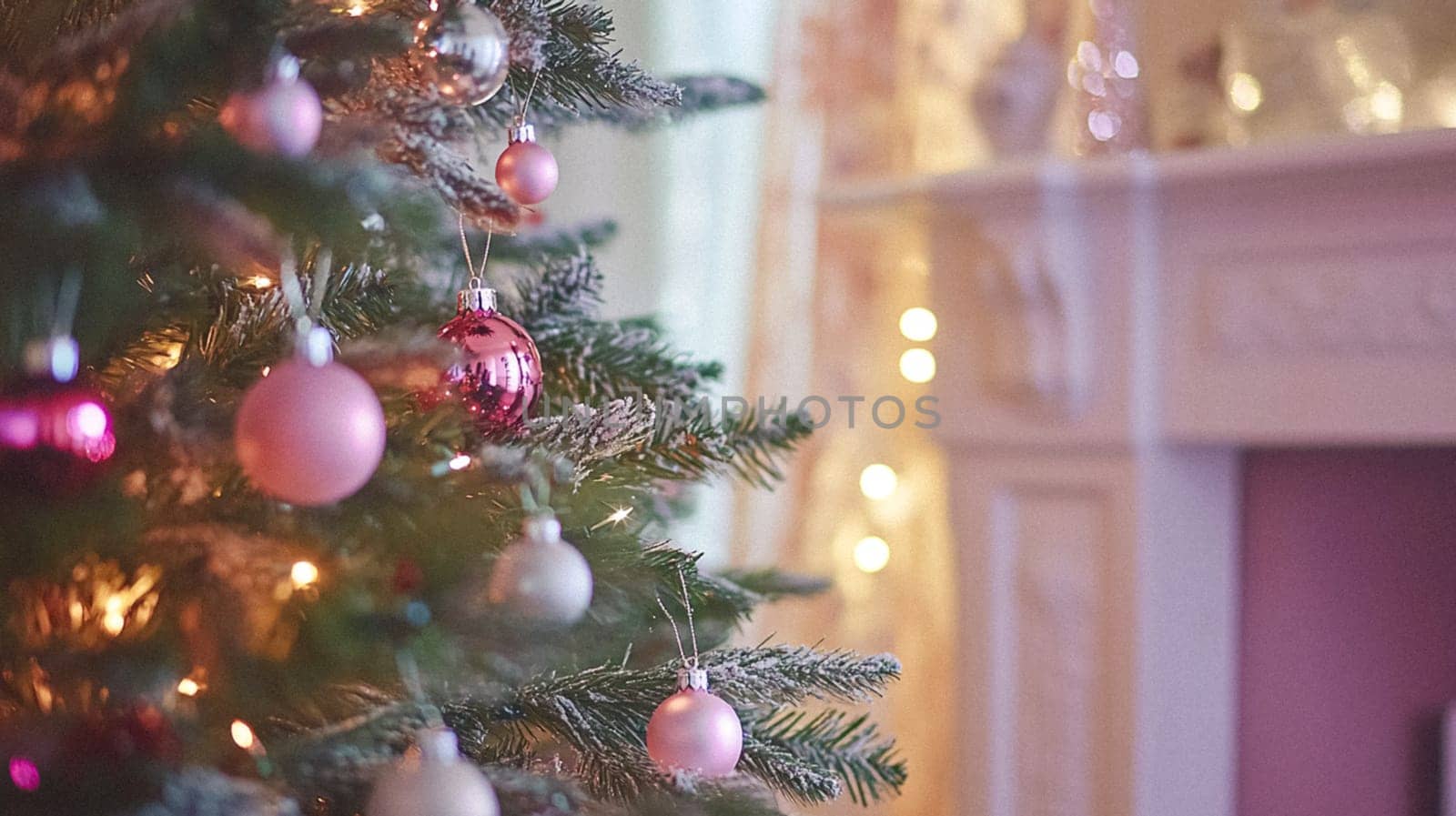 Christmas, holiday decor and country cottage style, cosy atmosphere, decorated Christmas tree in the English countryside house living room with fireplace, interior decoration idea