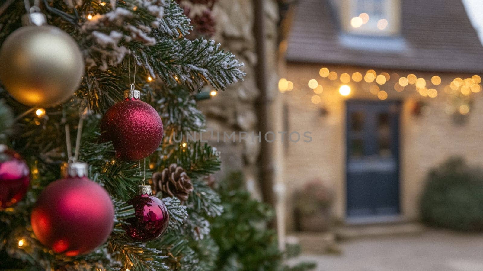Christmas in the countryside, cottage decorated for holidays on a snowy winter evening with snow and holiday lights, English country styling inspiration