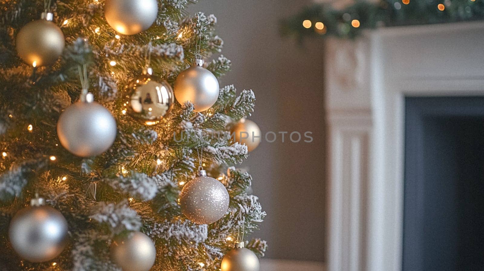 Christmas, holiday decor and country cottage style, cosy atmosphere, decorated Christmas tree in the English countryside house living room with fireplace, interior decoration idea