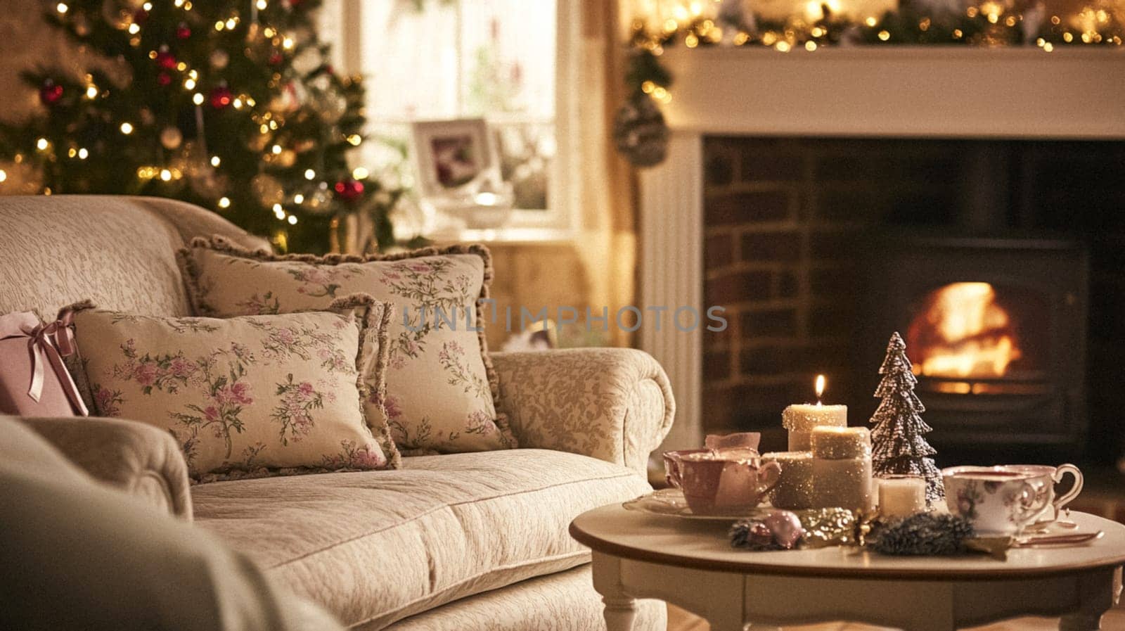 Christmas, holiday decor and country cottage style, cosy atmosphere, decorated Christmas tree in the English countryside house living room with fireplace, interior decoration idea