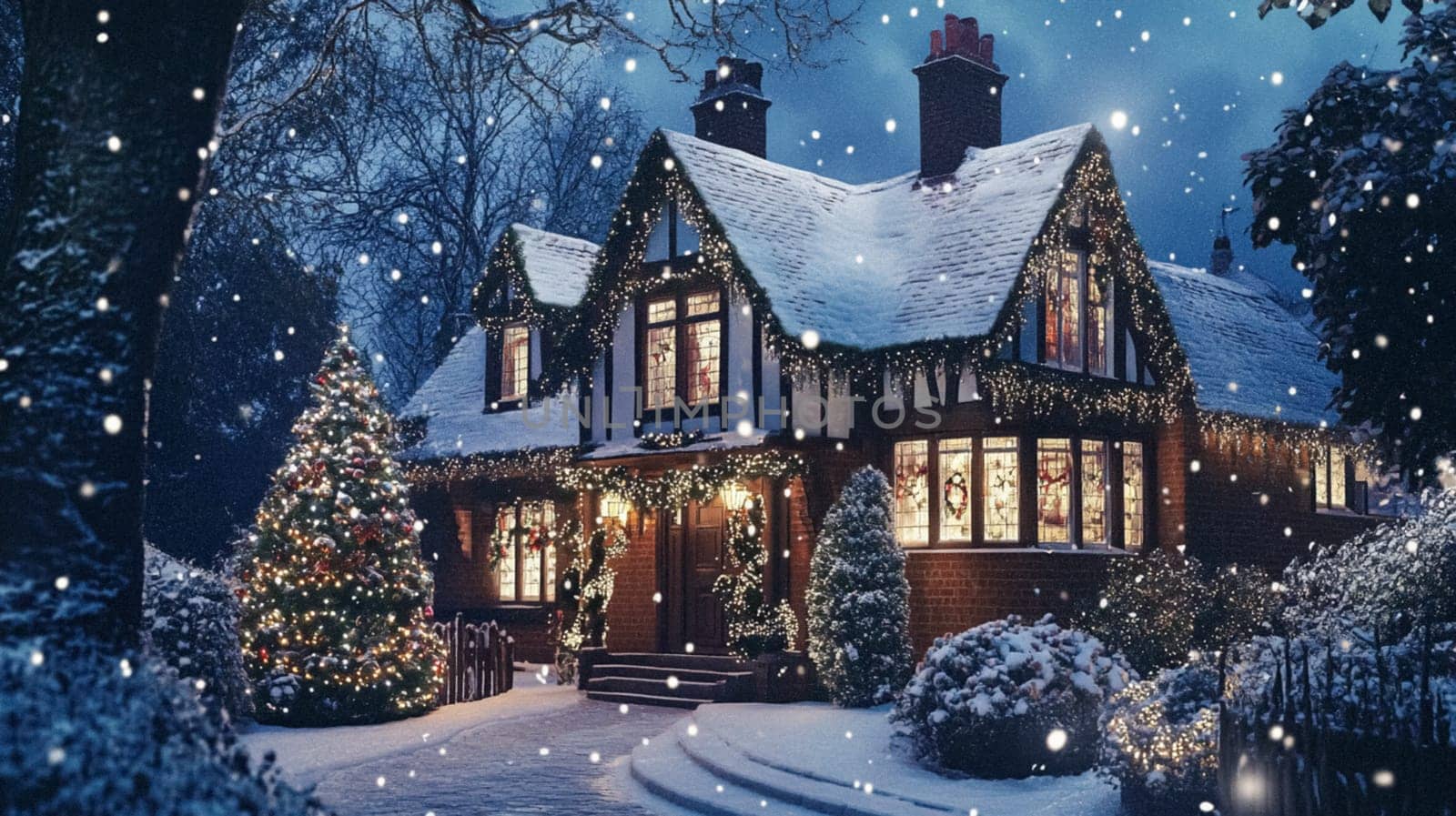 Christmas in the countryside, cottage decorated for holidays on a snowy winter evening with snow and holiday lights, English country styling inspiration
