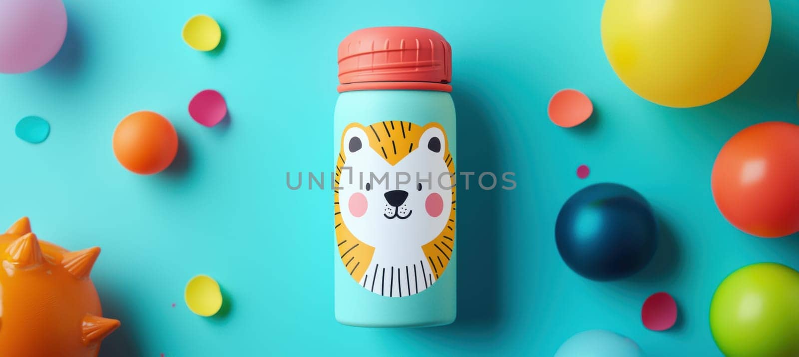 Circular animal face sticker on a children's water bottle, featuring vivid, playful props in a colorful, dynamic arrangement. perfect for fun, energetic themes and designs, suitable for playful kids' decor or promotional material.