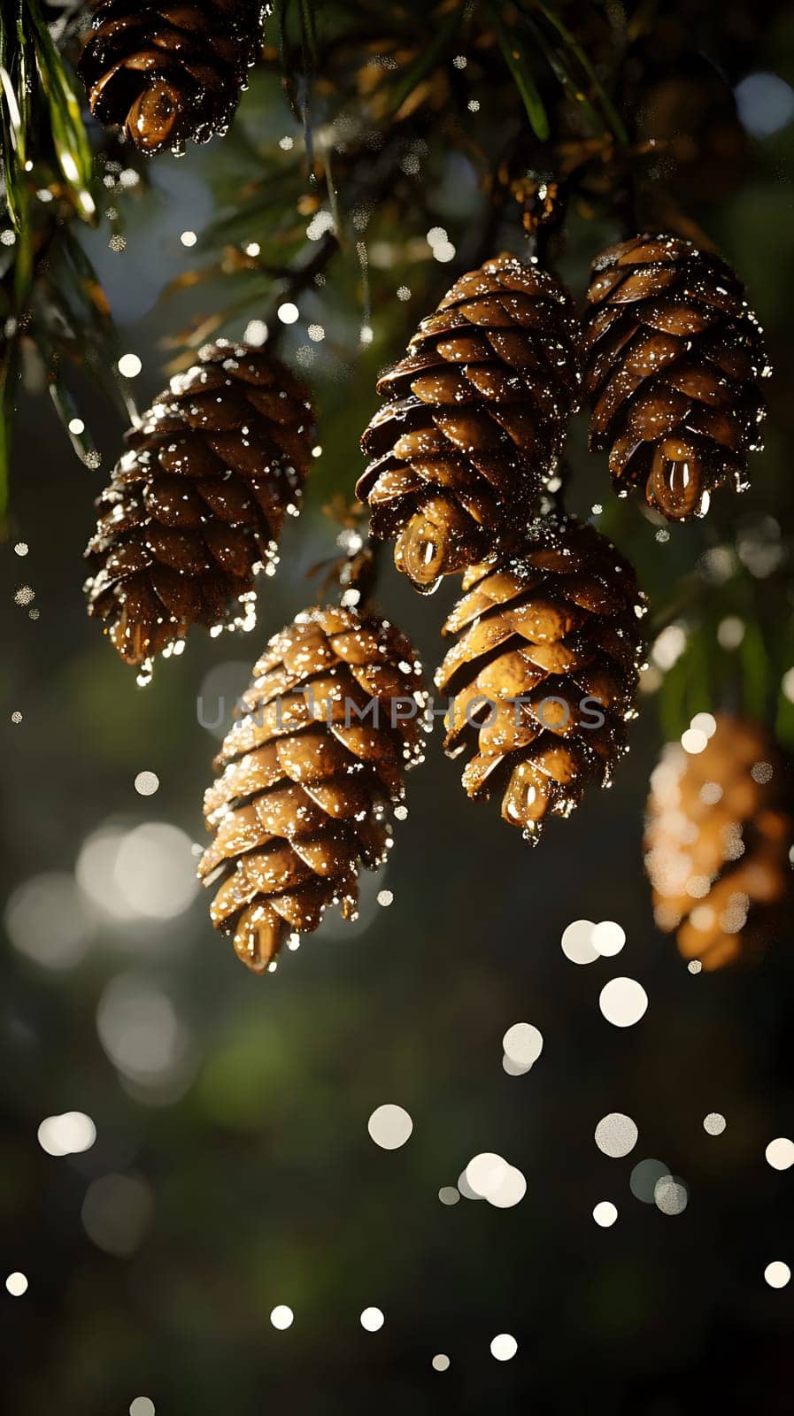 Close-up of pine cones glistening with water droplets.