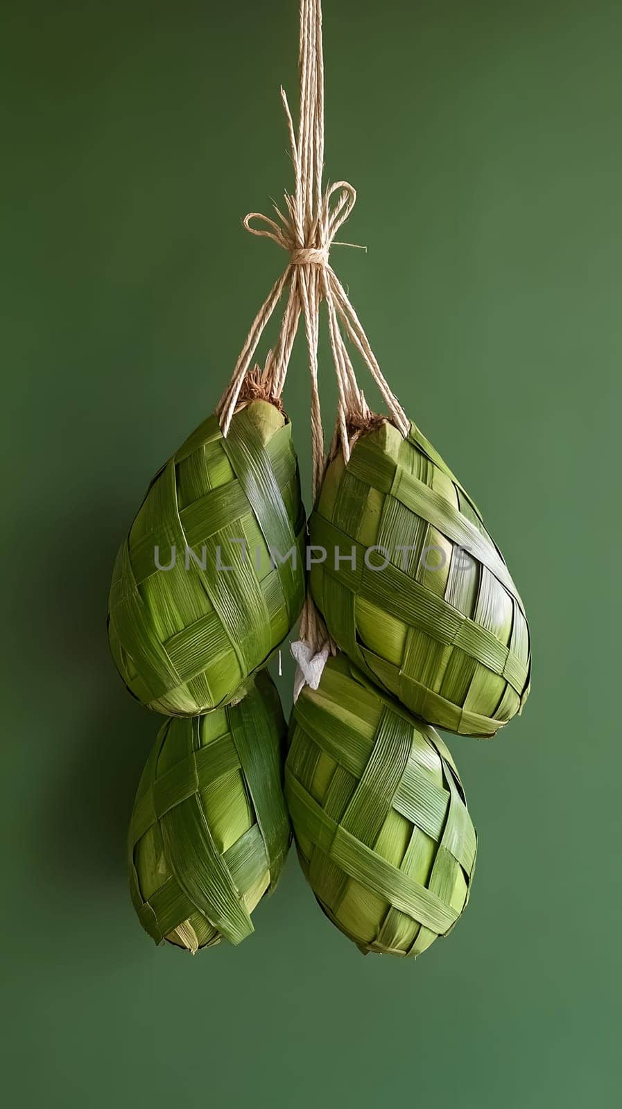 Decorative green rice dumplings hanging against a solid background.
