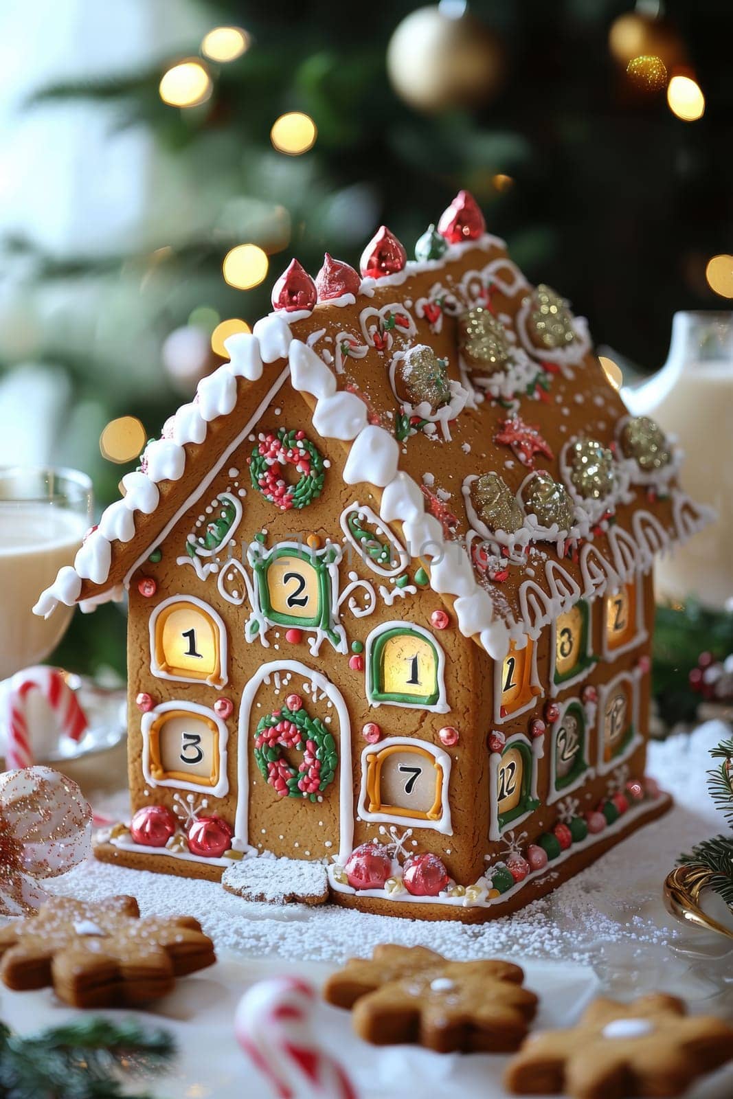 A charming gingerbread house-shaped advent calendar with colorful icing and numbered doors, set on a festive table. surrounded by christmas cookies and milk, it exudes holiday spirit amidst sparkling ornaments and a decorated tree.