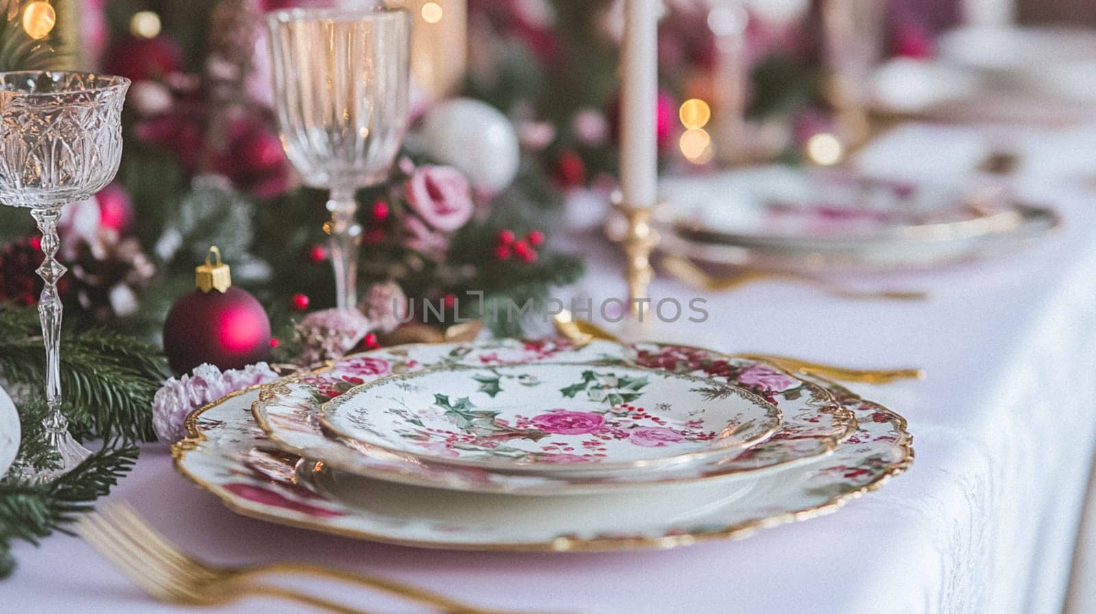 Christmas tablescape decoration, formal family dinner holiday celebration, luxury table setting decor, English country and home style idea