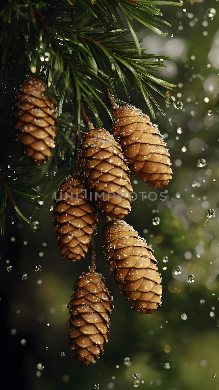Pine cones hanging from branches with droplets of water.
