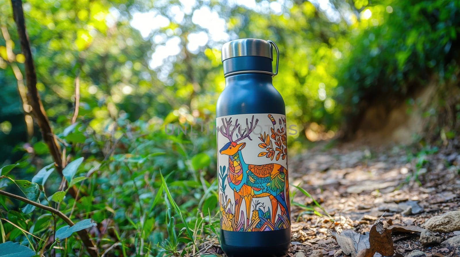 A colorful die-cut sticker featuring a playful animal illustration is displayed on a water bottle, set amid a lush hiking trail surrounded by greenery, creating a lively and refreshing outdoor atmosphere.
