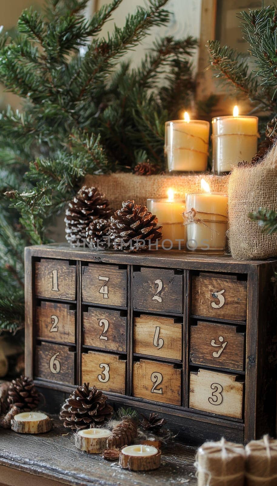A rustic advent calendar crafted from repurposed wood features numbered drawers containing handmade candles and soaps. adorned with pinecones and burlap, it creates a cozy, festive atmosphere perfect for holiday decor.