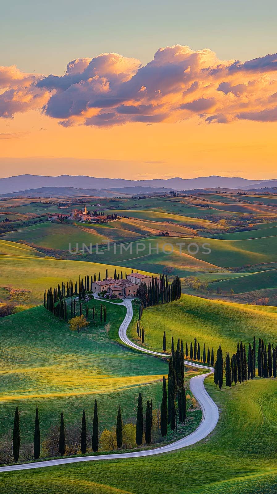 Serene landscape with rolling hills and a winding road at sunset.