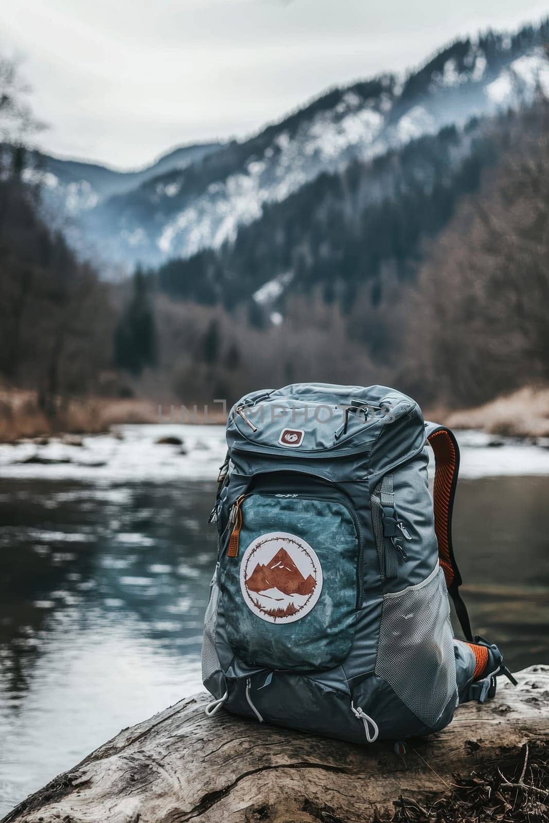 Minimalist logo design sticker showcased on a water-resistant backpack, placed on a tree stump amidst a serene forest. the scene highlights adventurous branding, suitable for use in promotional outdoor-themed content and merchandise.
