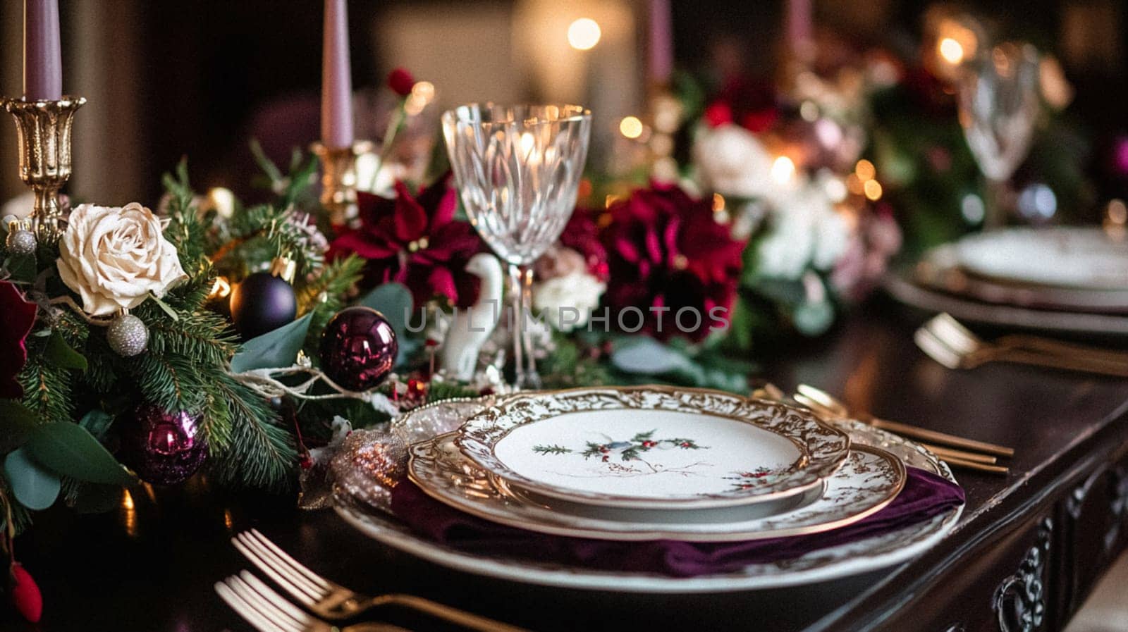 Christmas tablescape decoration, formal family dinner holiday celebration, luxury table setting decor, English country and home style idea