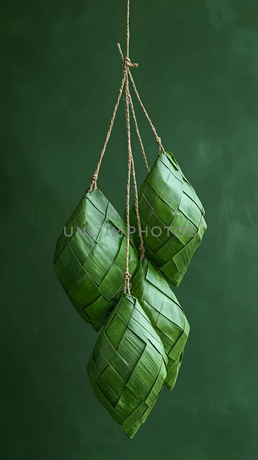 Three woven green rice dumplings hanging on a string.