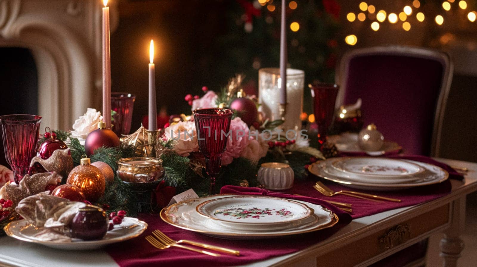 Christmas tablescape decoration, formal family dinner holiday celebration, luxury table setting decor, English country and home style idea