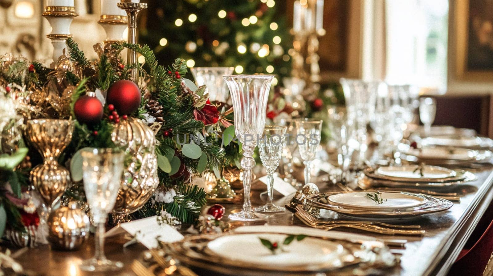 Christmas tablescape decoration, formal family dinner holiday celebration, luxury table setting decor, English country and home style idea