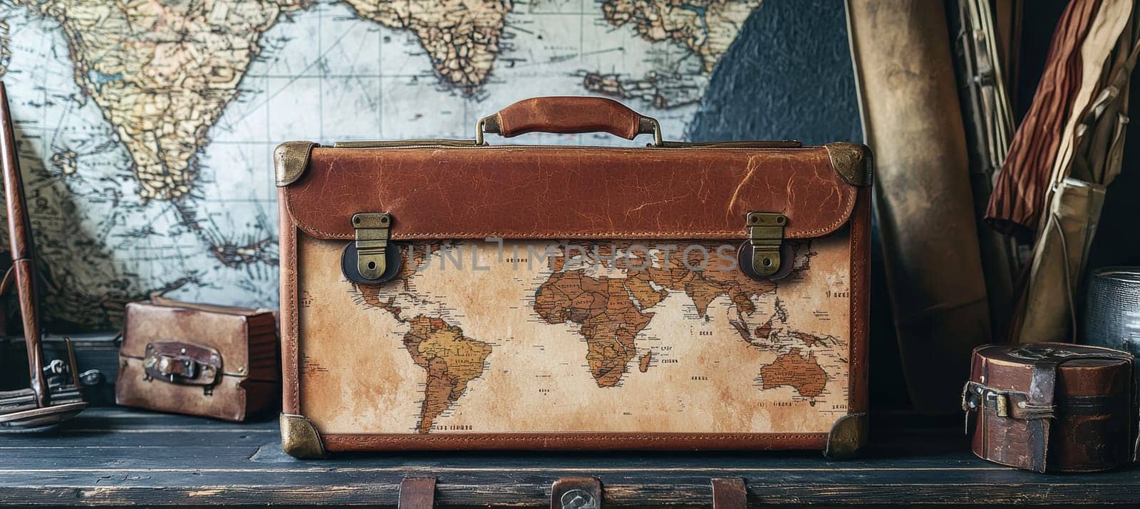 A vintage travel-themed sticker adorns a weathered leather suitcase, styled with nostalgic travel props. the scene evokes a sense of adventure and history, perfect for retro travel enthusiasts and vintage decor inspiration.
