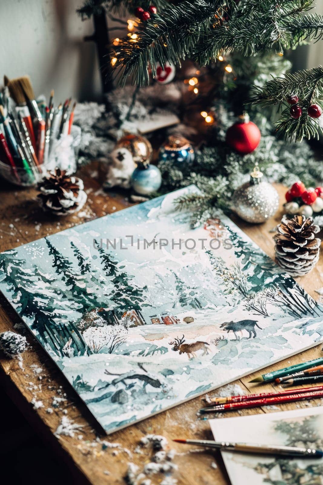 A watercolor advent calendar featuring snowy landscapes and winter animals, surrounded by art supplies on a wooden table. perfect for festive home decor, creativity and holiday spirit with a cozy, artistic touch.