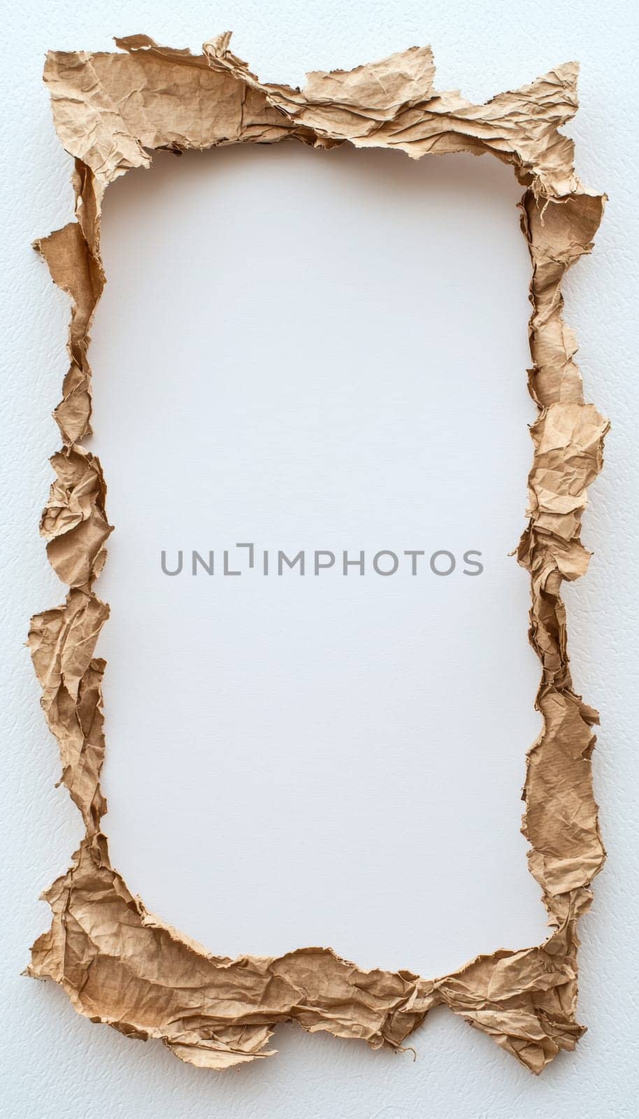 Minimalist frame featuring torn paper edges outlining a crisp white space, ideal for text or graphic placement. the natural, textured look of the paper adds a touch of elegance and creativity, perfect for engaging design projects.