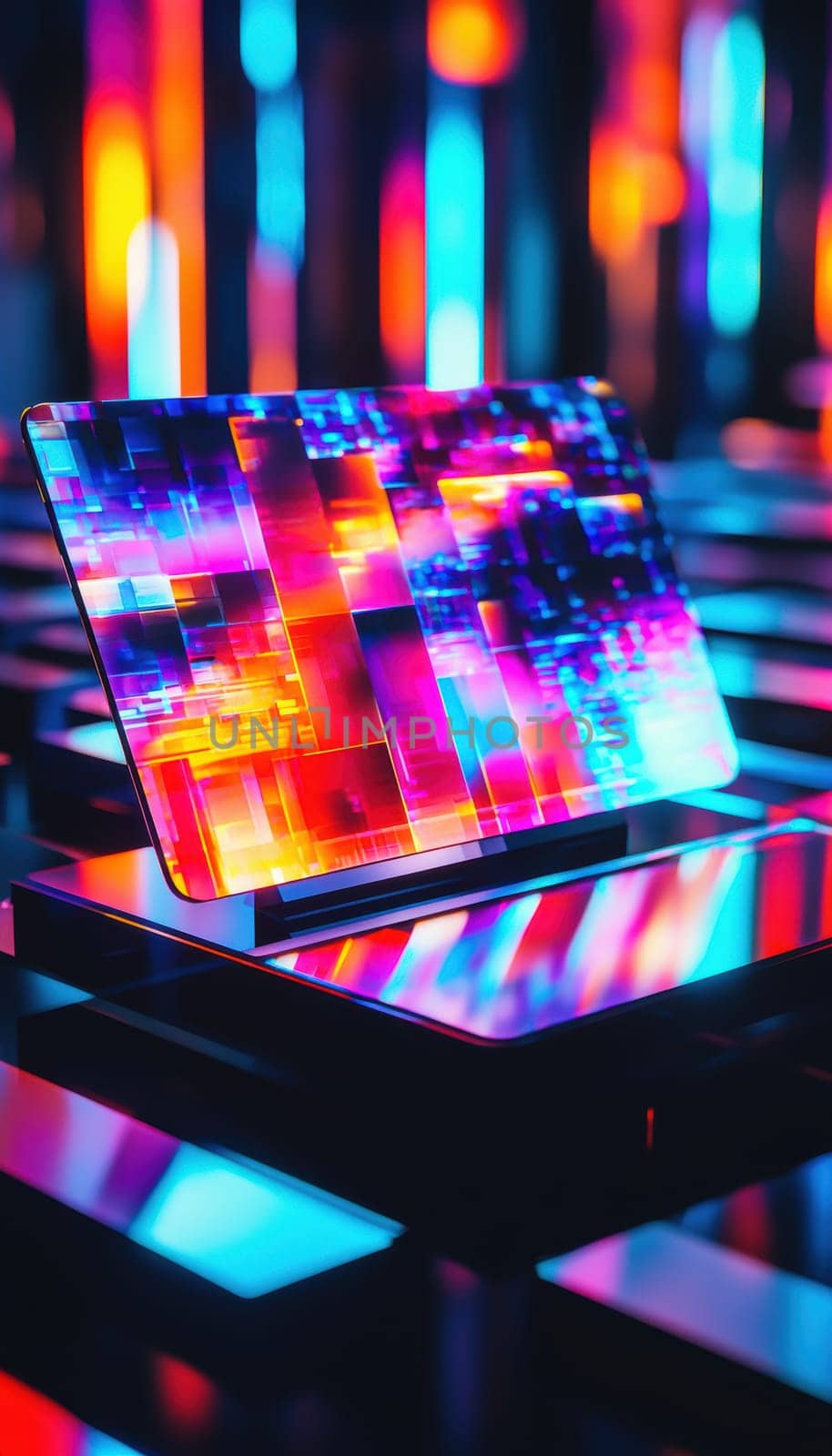 Holographic sticker displayed on a sleek black acrylic laptop stand with vivid, colorful reflections creating a dynamic, futuristic atmosphere. perfect for high-tech themed designs, showcasing a blend of modern technology and aesthetic appeal.
