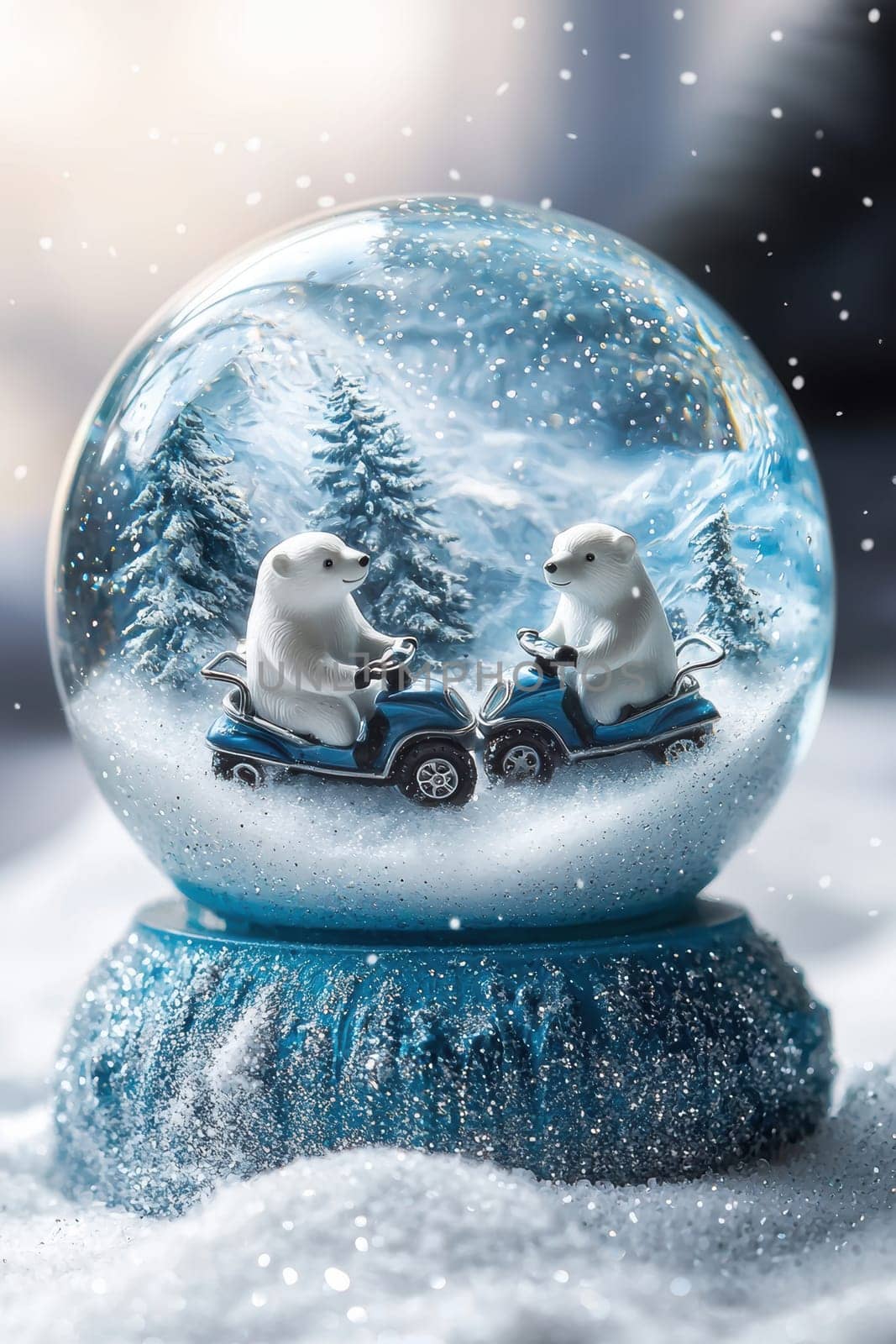 Whimsical snow globe featuring playful polar bears riding snowmobiles amid a snowy arctic scene. glittering snow swirls around lush, frosted trees and mountains. the base displays frosty blue and white design elements, enhancing winter charm.