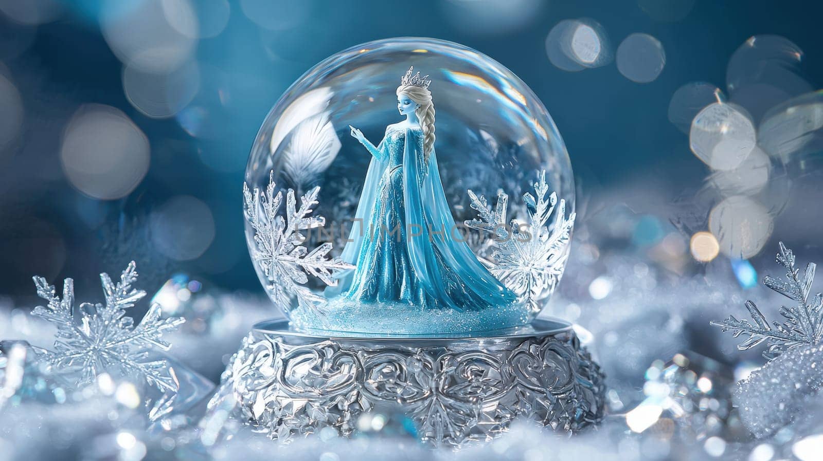 A detailed snow globe featuring an elegant ice queen within a sparkling snow-covered palace. the globe is adorned with swirling silver snowflakes, and the base is intricately designed with frost-like crystal patterns, adding a magical winter touch.