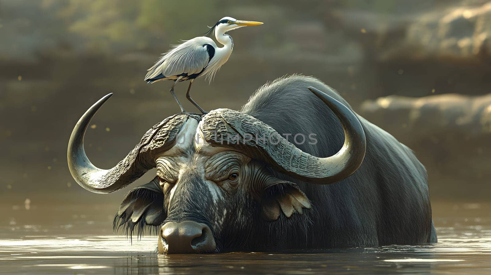 A buffalo in water with a heron perched on its back.