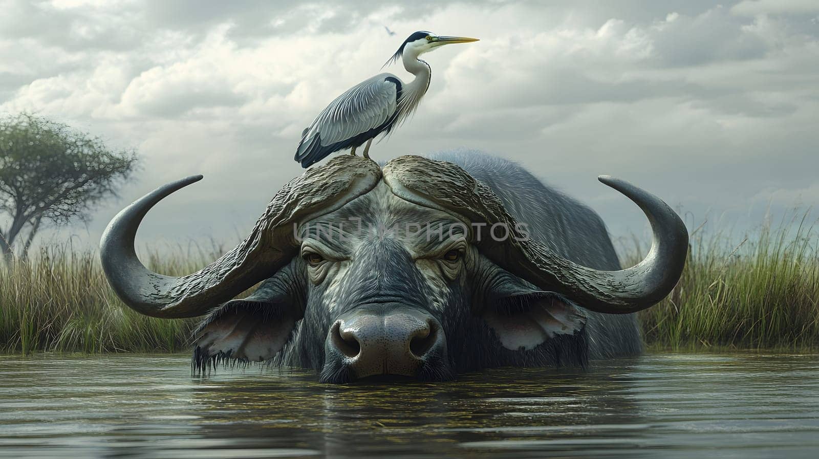 A buffalo partially submerged in water with a bird perched on its back.