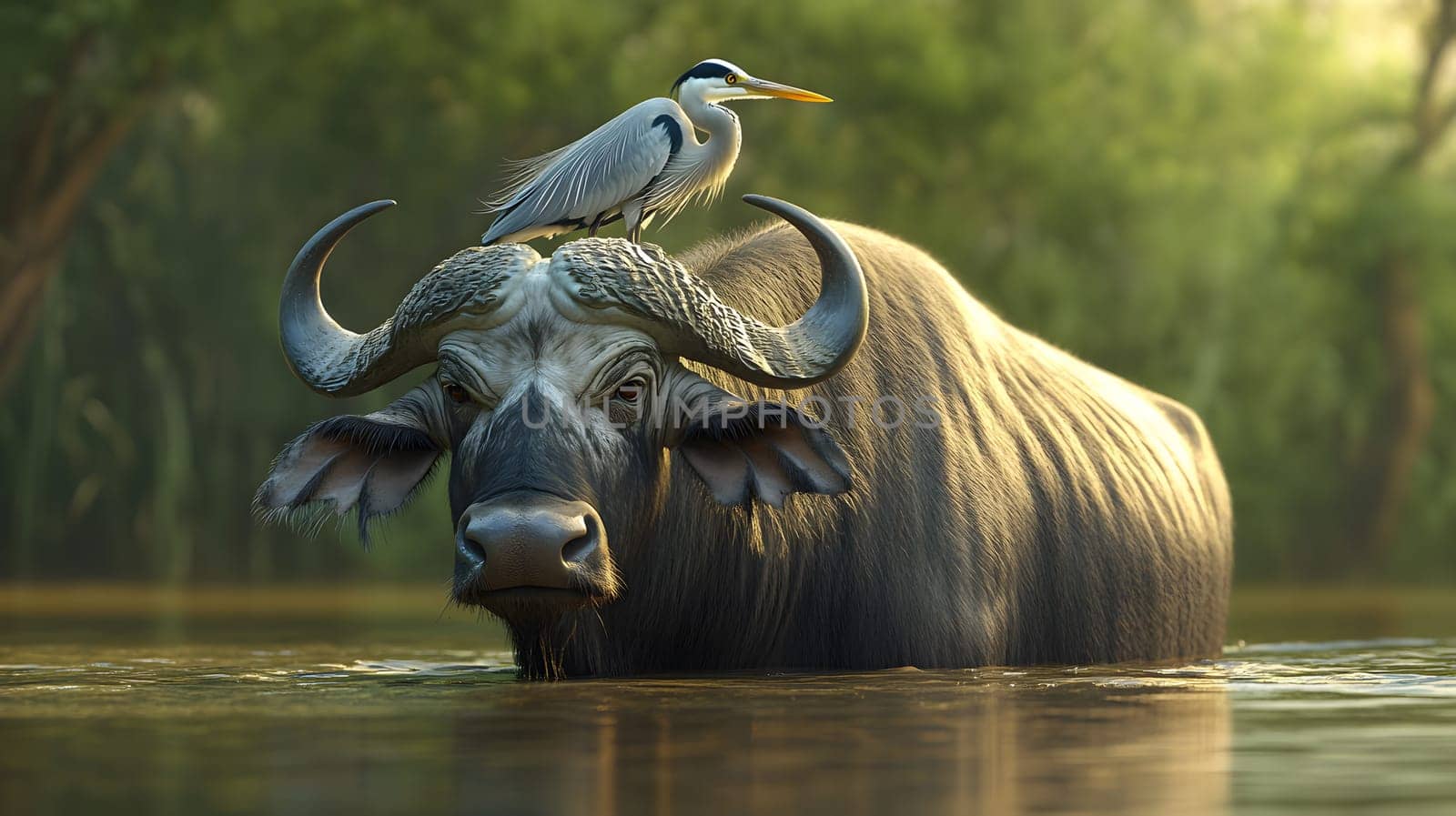 A buffalo wades through water with a heron perched on its back.
