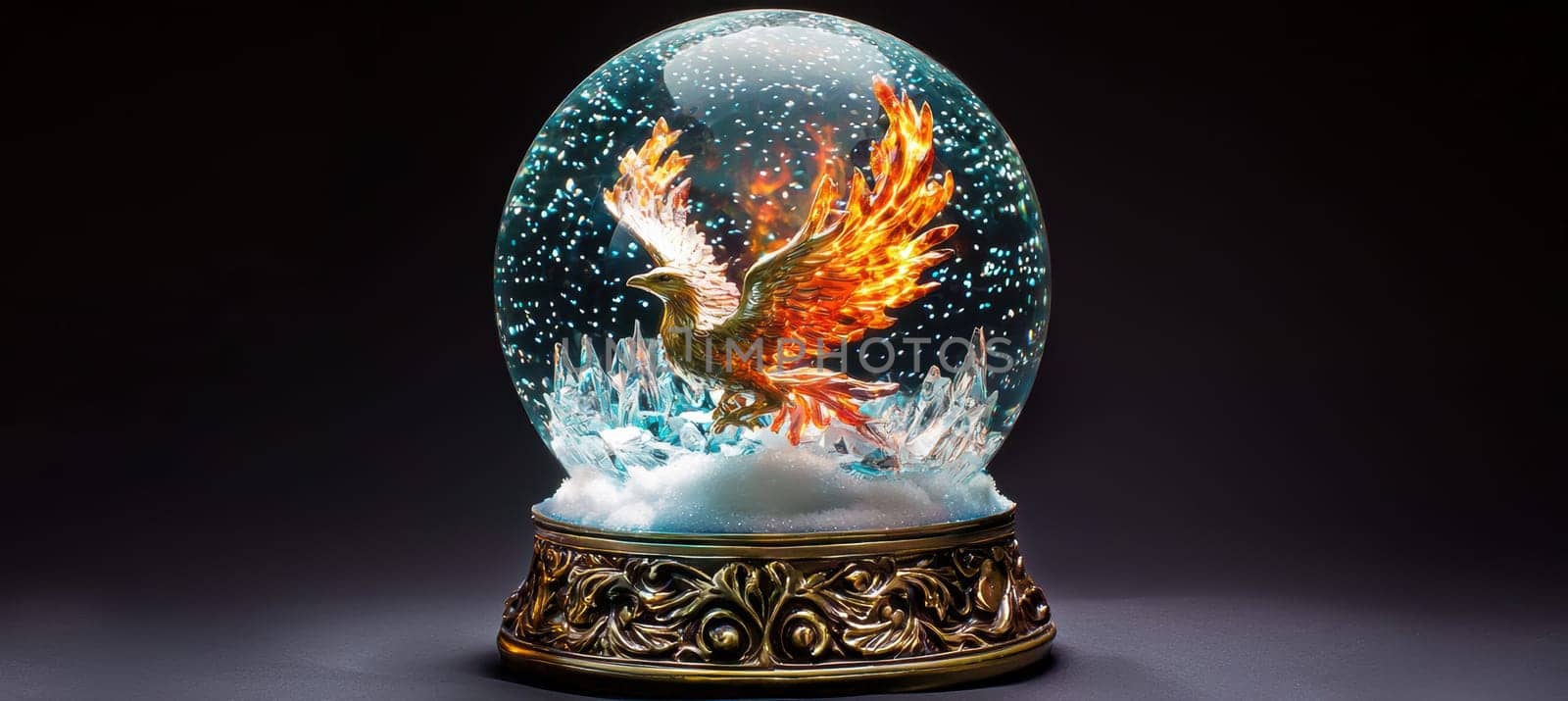A mesmerizing fantasy-themed snow globe featuring a phoenix rising from a snowy landscape. glowing embers dance among swirling snowflakes, complemented by an ornately decorated base with fire and ice motifs, creating a vivid visual contrast.