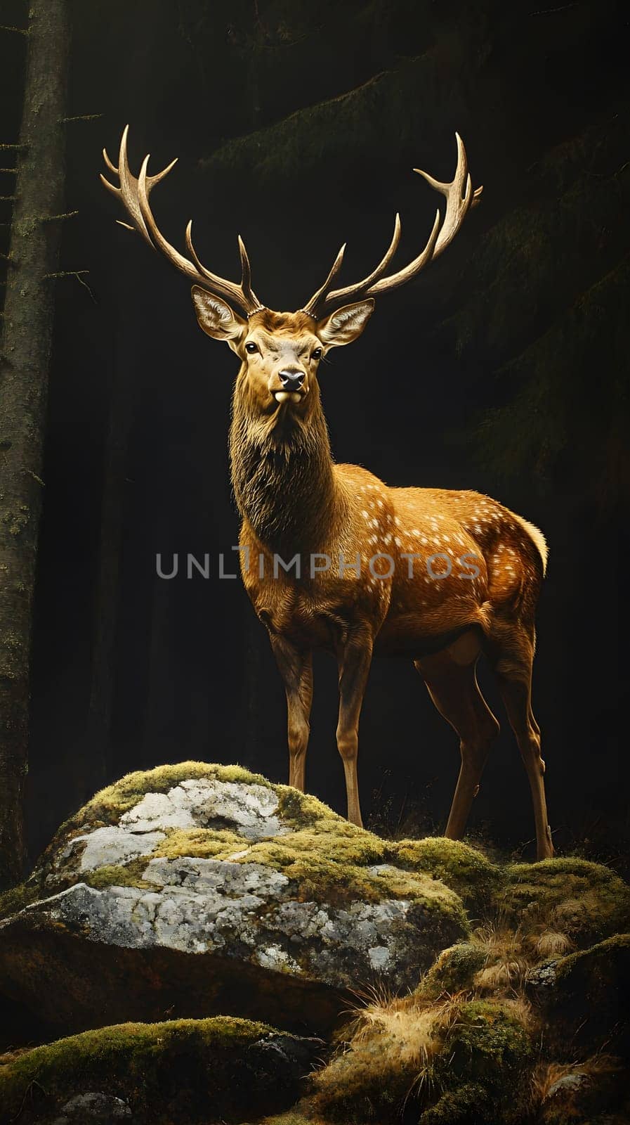A majestic deer stands on a rock in a serene forest setting.